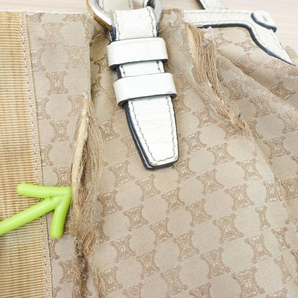 VINTAGE Celine Bag Leather Beige Tote Purse White‎ Macadam Canvas Logo Monogram - Picture 16 of 16
